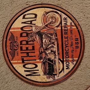 Mother rd rt 66 motorcycle repair round tin wall sign